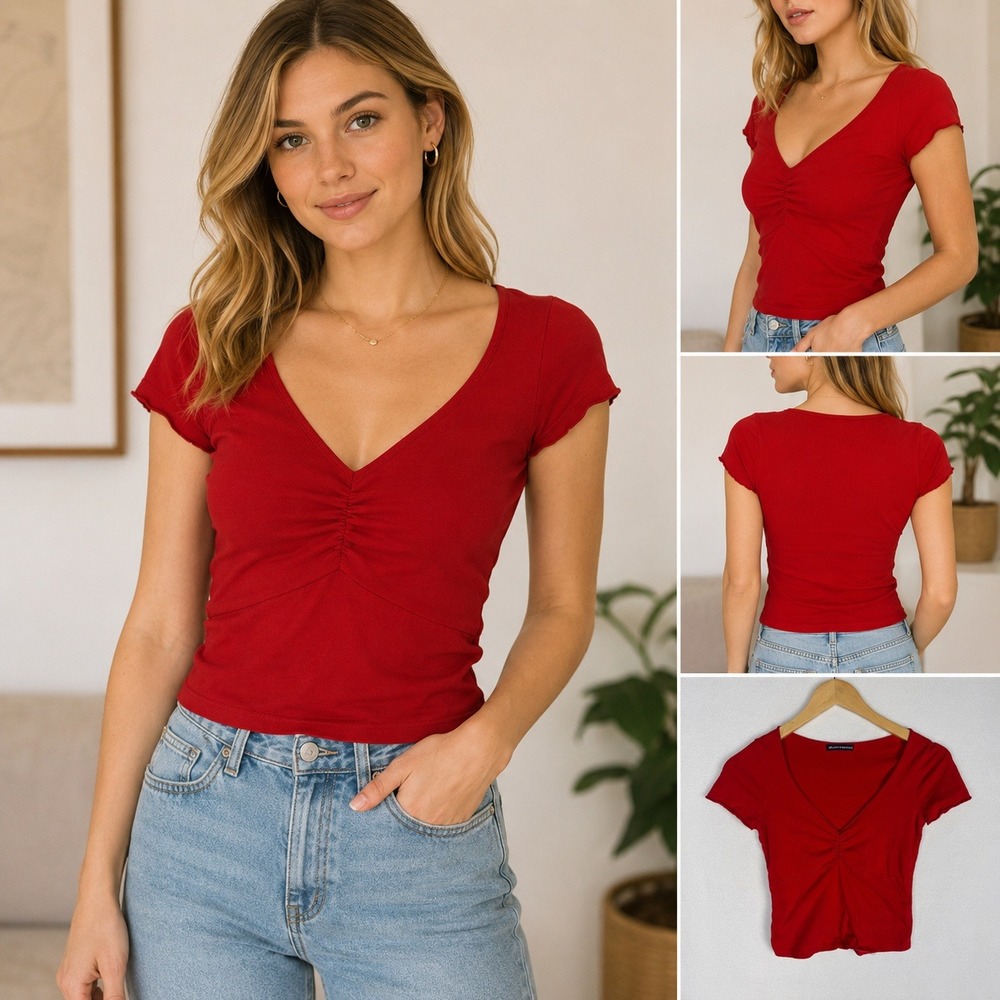 Brandy Melville Red V-Neck Ruched‎ Short Sleeve Top Made in Italy One Size